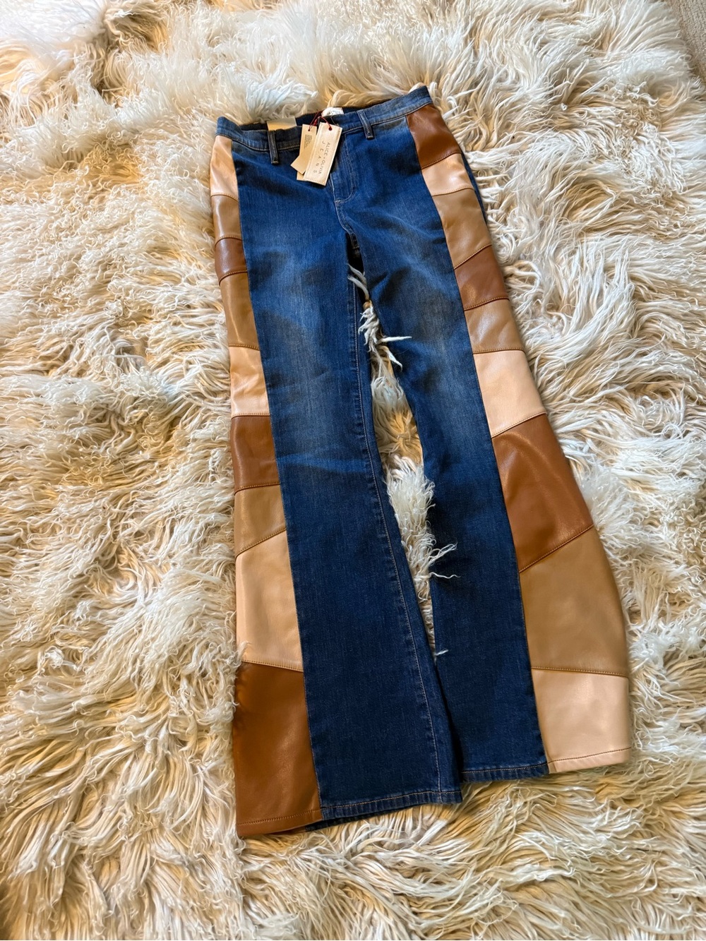 Alice + Olivia Two-Tone Paneled Flare Jeans in Dark Blue and Brown Leathers